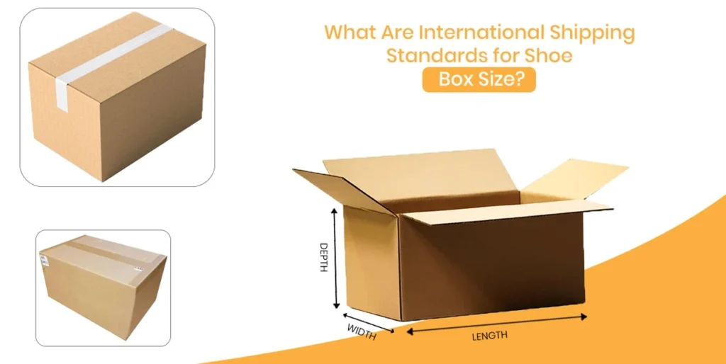 Cardboard shipping boxes showing international standard dimensions for shoe packaging with labeled length, width, and depth