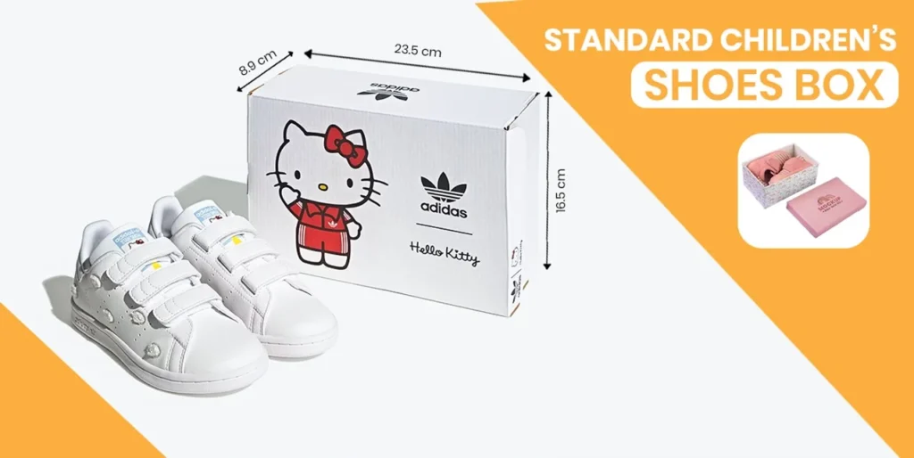 Children’s shoe box with Hello Kitty design, showing standard dimensions of 23.5 cm length, 16.5 cm height, and 8.9 cm width.