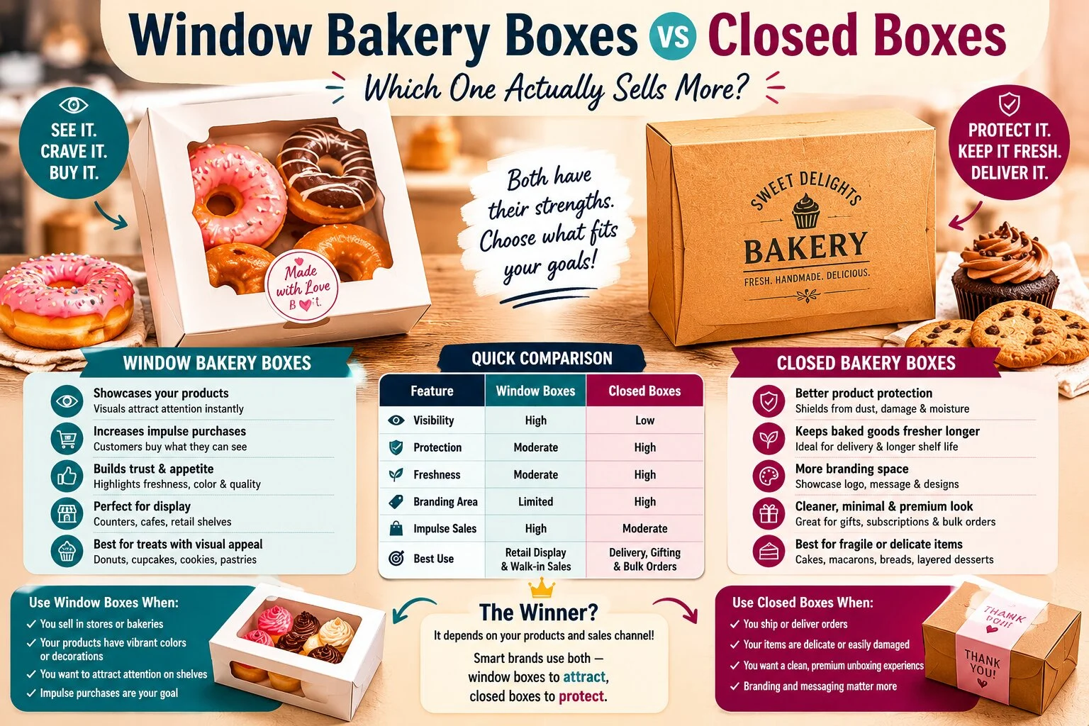 Window vs closed bakery boxes comparison Window vs closed bakery boxes comparison
